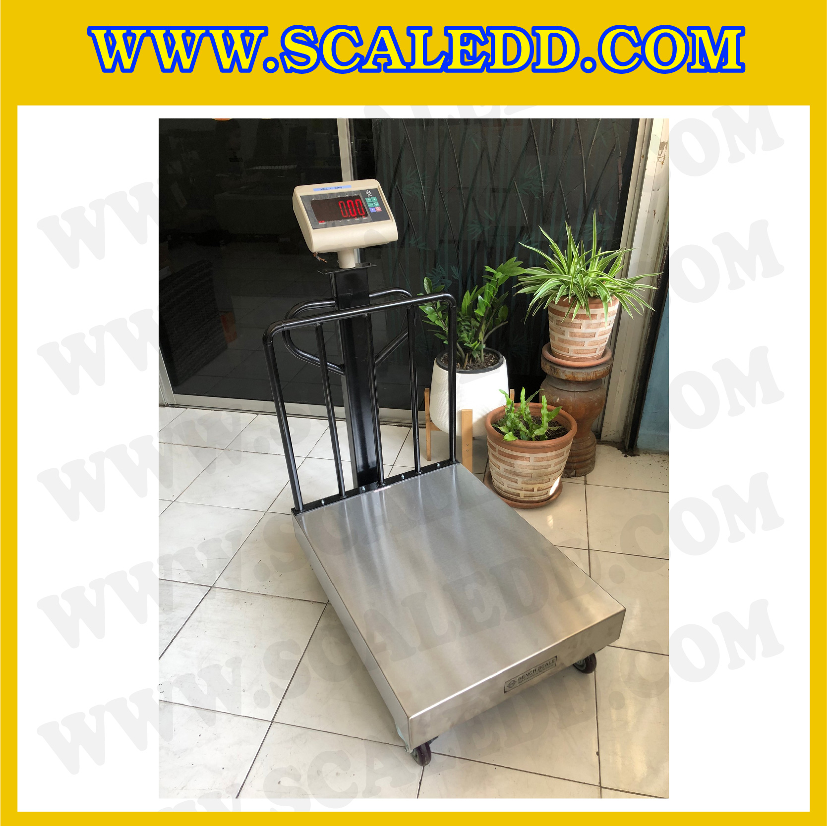 เครื่องชั่งน้ำหนักดิจิตอล IDS709E พิกัด 500kg ค่าละเอียด 0.05kg ยี่ห้อ SDS รุ่น IDS709E แท่นฝาครอบสแตนเลสขนาด 60x80cm. มีล้อเลื่อน และที่กันตก
