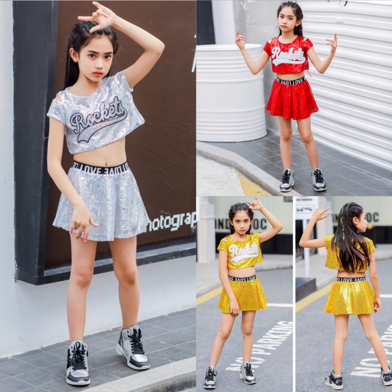 พร้อมส่ง ชุดเต้น ชุดแดนซ์ เซ็ตเสื้อRocket +กระโปรง ปักเลื่อม วิ้ง