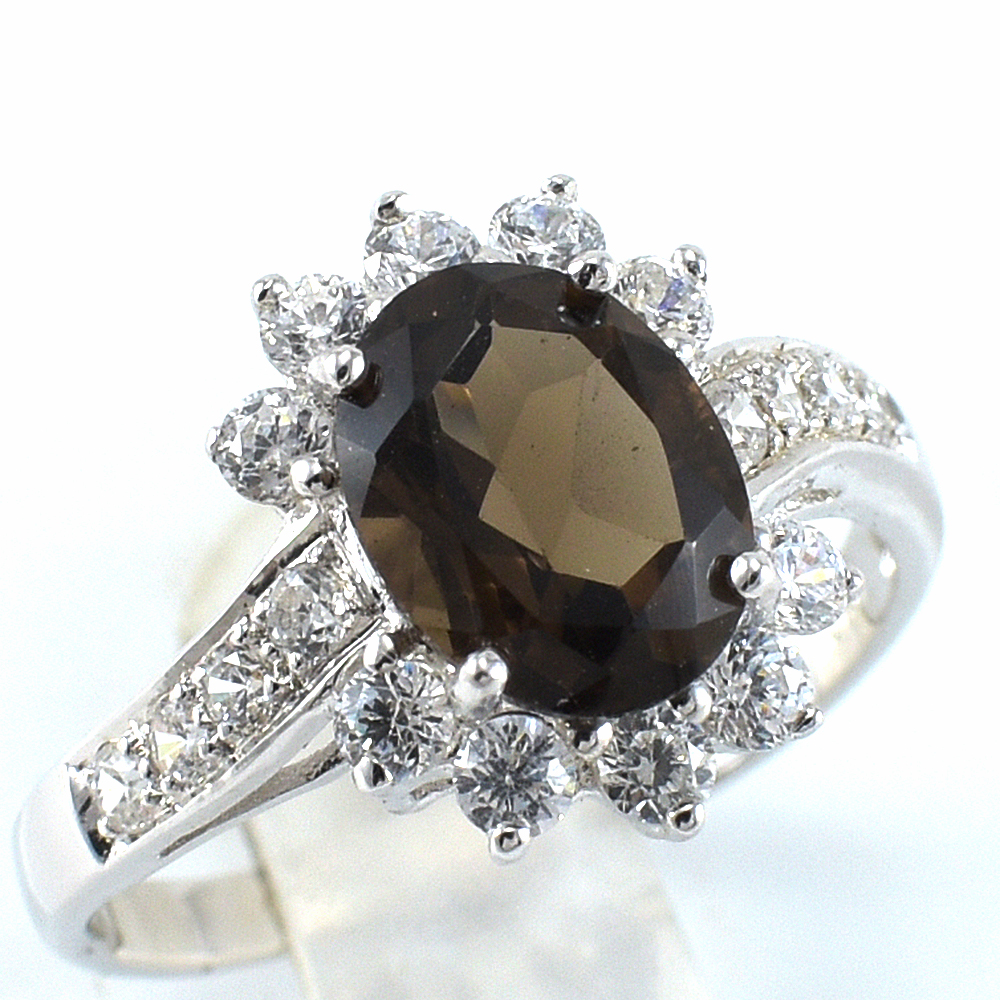 แหวนเงินแท้ราคาถูกชุบทองคำขาว พลอยแท้สโมกกี้ควอทซ์ 2.25 กะรัต งานประณีตสวยงาม สั่งผลิตค่ะ