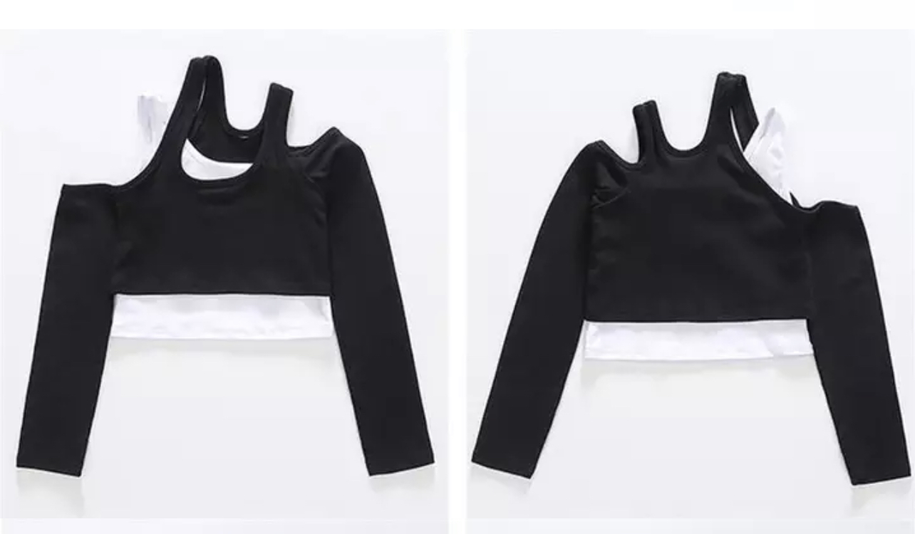 **เฉพาะเสื้อ**ชุดเต้น ฮิปฮอป เสื้อแขนยาว แขนคอไขว้ สีดำสลับดำ