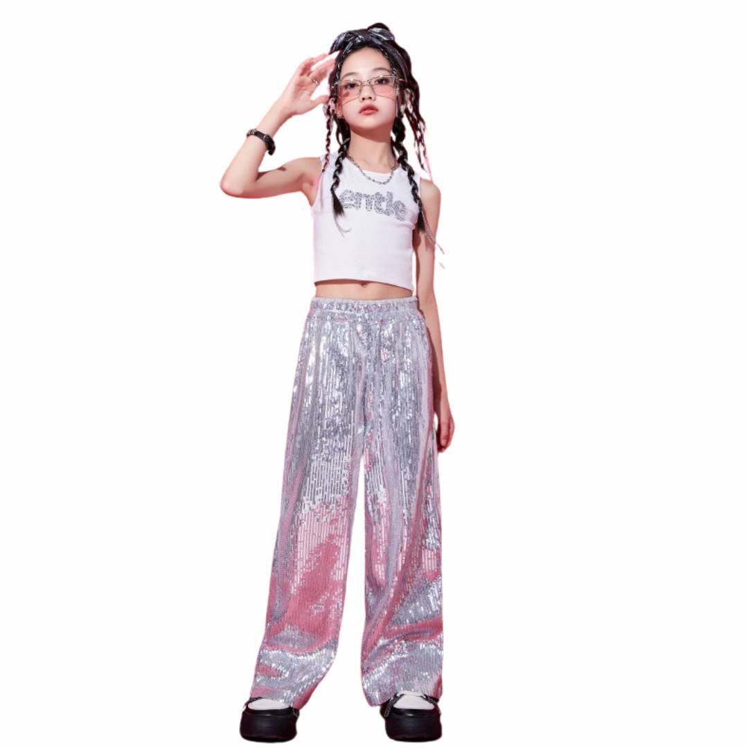 พร้อมส่ง ชุดเต้น ชุดแดนซ์ เสื้อแขนกุด+กางเกงขายาวปักเลื่อม