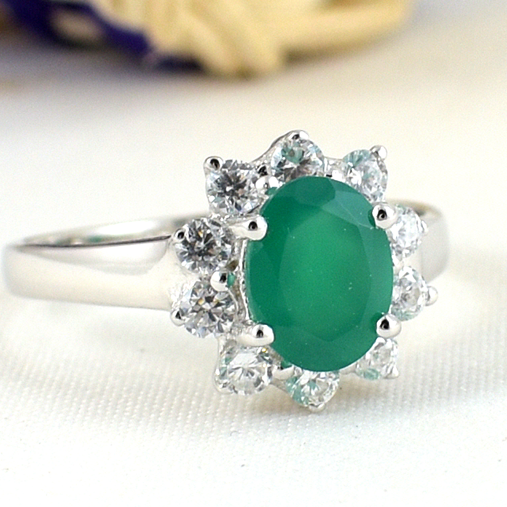 แหวนเงินแท้ราคาถูกชุบทองคำขาว พลอยแท้กรีนอะเกท 1.60 กะรัต เพชรCZ 0.50 กะรัต งานประณีตสวยงาม สั่งผลิตค่ะ