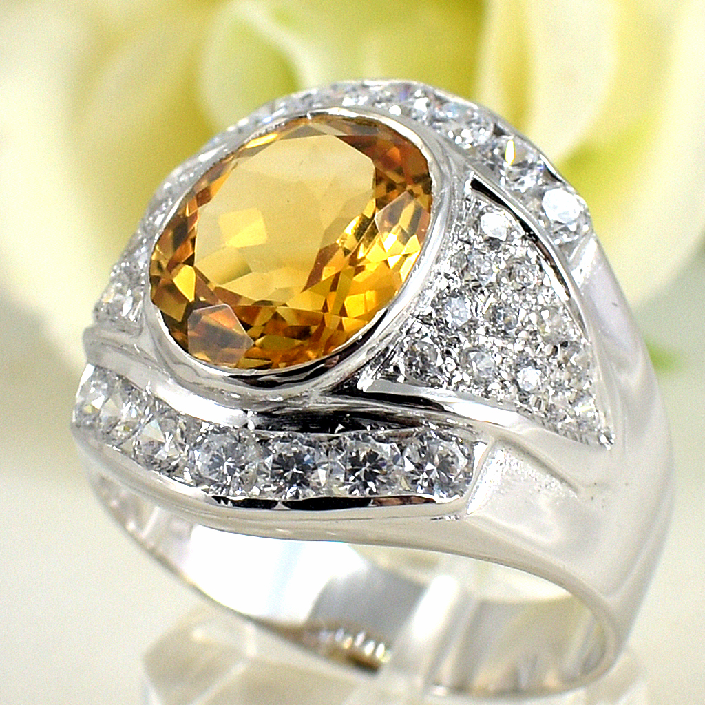 แหวนเงินแท้ราคาถูกชุบทองคำขาว ซิทรินแท้ 4.30 กะรัต เพชรCZ 1.38 กะรัต งานประณีตสวยงาม สั่งผลิตค่ะ