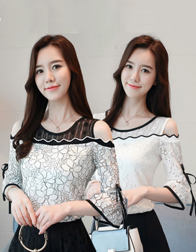 เสื้อแฟชั่นแขนสี่ส่วน ช่วงคอเป็นผ้าตาข่ายโปร่งโชว์ไหล่สไตล์เกาหลี 2 สี รหัส 1829