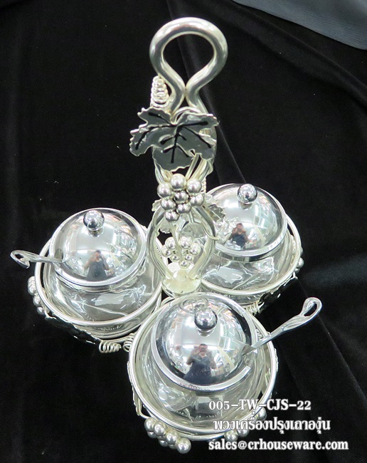 condiment set 3 glass jar with cover and spoon ชุดเครื่องปรุงแบบพวง 3 ลายเถาองุ่น 005-TW-CJS-22,,condiment dispenser,调味品分配器,dispenser condiment,ຕູ້ເຄື່ອງປຸງອາຫານ,gia vị quả,