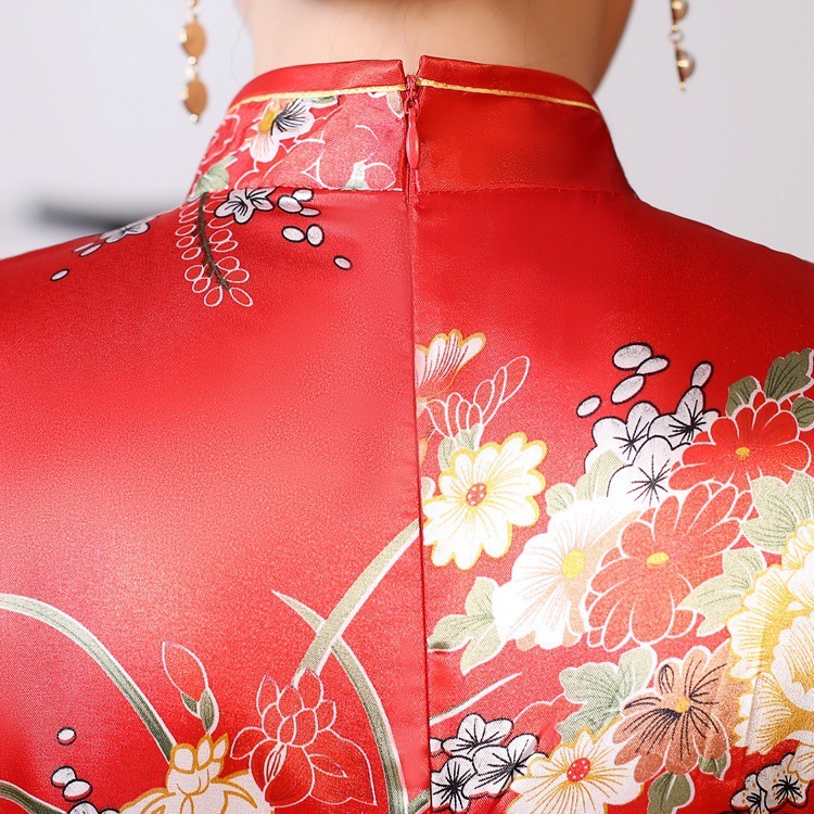 ชุดจีนกี่เพ้าลายดอก ผู้ใหญ่ผ่าข้างยาวแขนสั้น ยาว