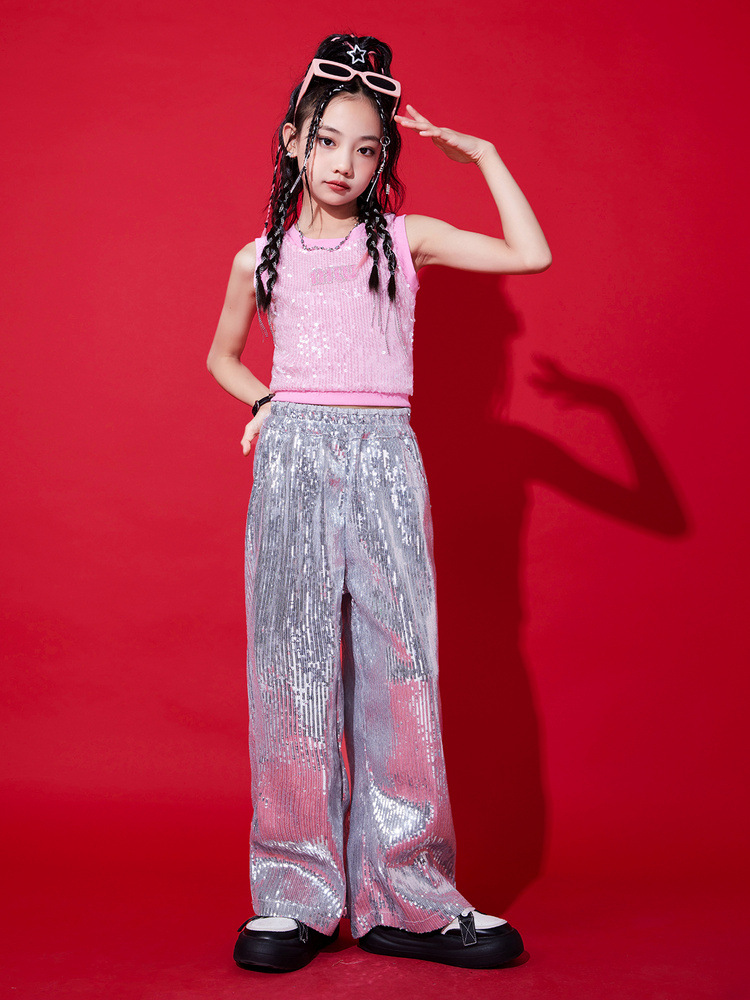 พร้อมส่ง ชุดเต้น ชุดแดนซ์ เสื้อแขนกุด+กางเกงขายาวปักเลื่อม