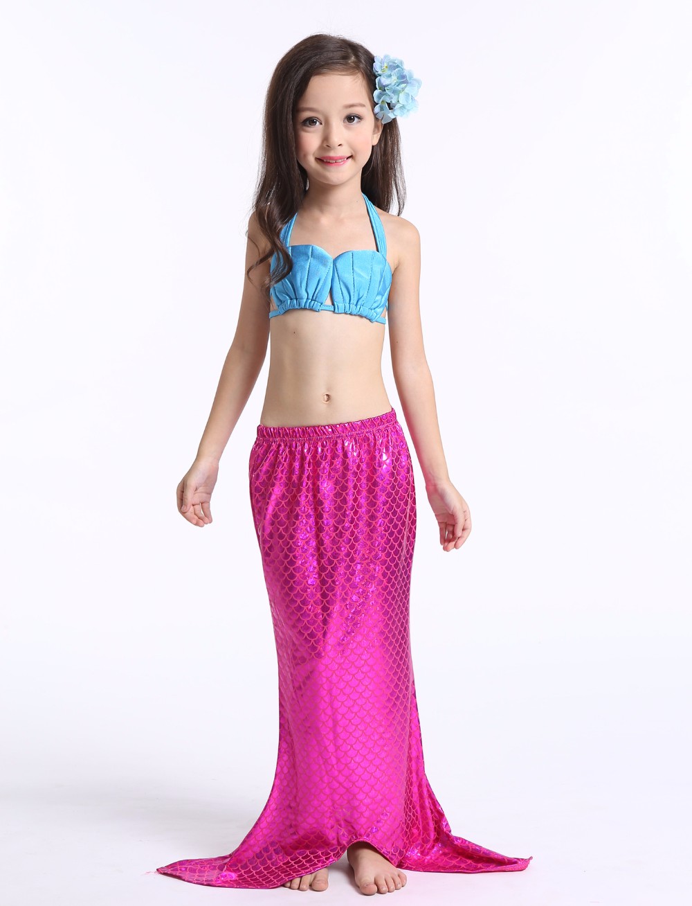 ชุดว่ายน้ำ นางนางเงือก เซ็ต 3 ชิ้น รุ่นเสื้อผูกอก สีชมพู-ฟ้า