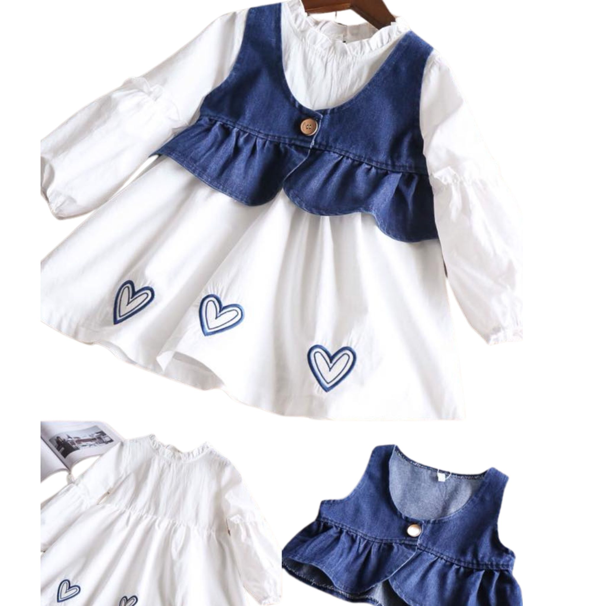 พร้อมส่ง ชุดเด็ก ชุดเซ็ต เดรสแขนยาว+เอี้ยมยีนส์ เอี๊ยมเด็ก