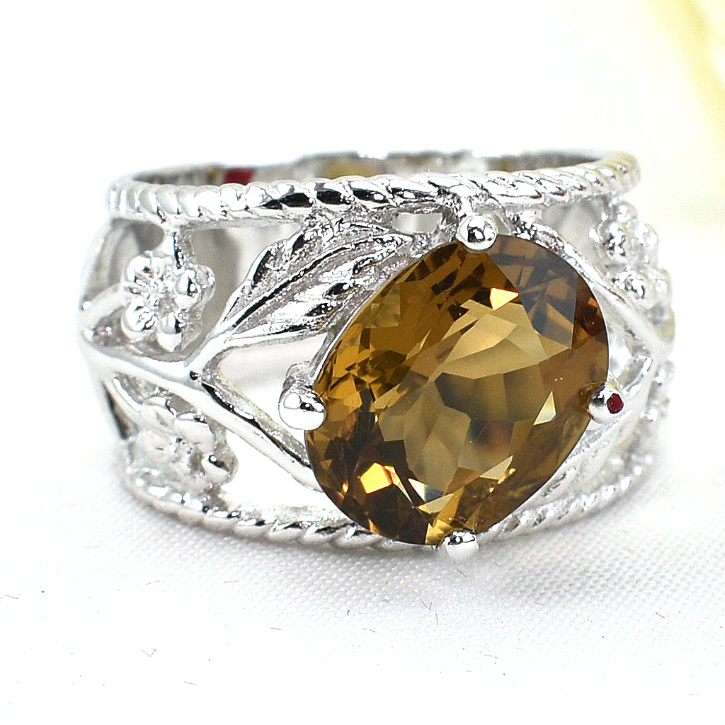 แหวนเงินแท้ราคาถูกชุบทองคำขาว พลอยแท้เยลโลว์ควอทซ์ 5.50 กะรัต งานประณีตสวยงาม สั่งผลิตค่ะ