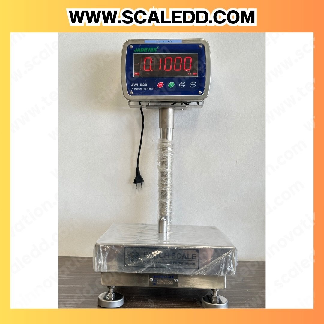 เครื่องชั่งกันน้ำตั้งพื้น พิกัดน้ำหนัก 15 kg. ค่าความละเอียด 0.5 กรัม ขนาดแท่นชั่ง 28x28 cm. ยี่ห้อ "JADEVER" รุ่น "JWI-520" (เครื่องชั่งผ่านตรวจรับรองจากสำนักชั่งตวงวัด)