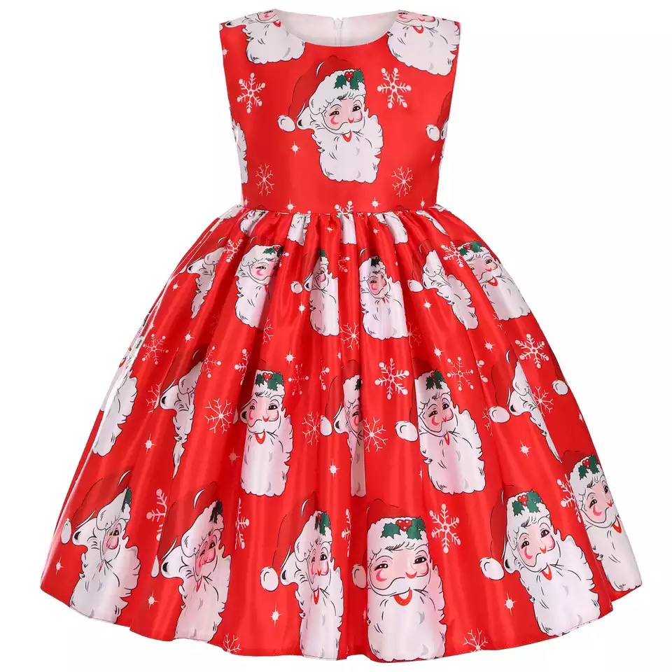 พร้อมส่ง ชุดเดรส คริสมาสแต่งลาย แขนกุด