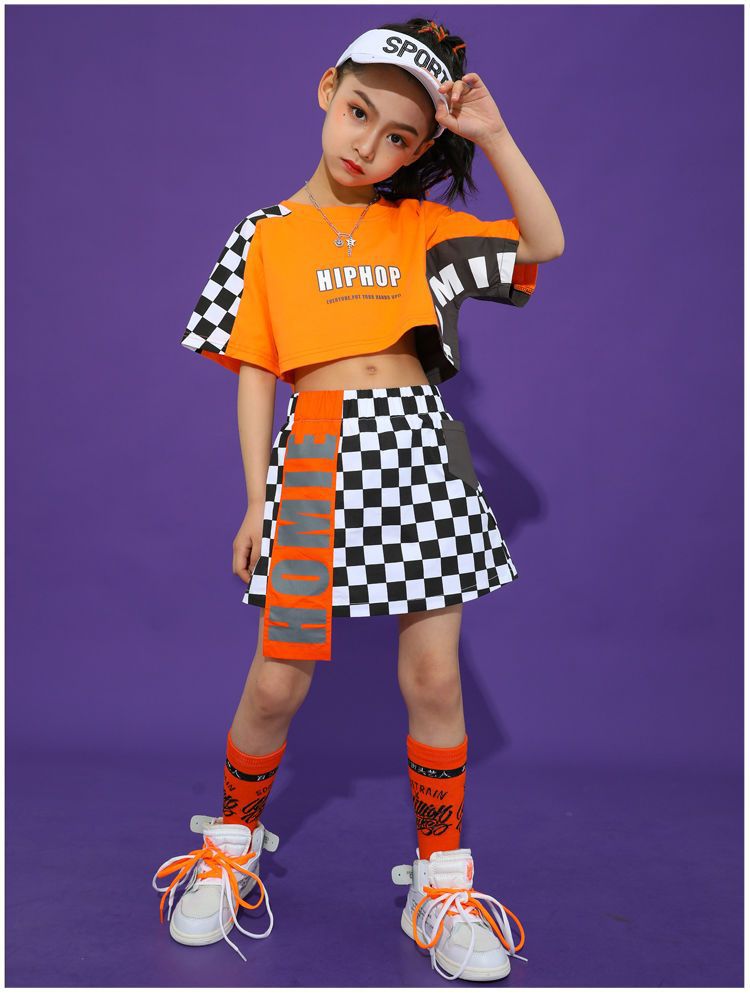 พร้อมส่ง ชุดเต้น ชุดเชียร์เด็ก เซ็ตสีส้ม ลายสก๊อต สีส้ม ชุดกีฬา สปอร์ต