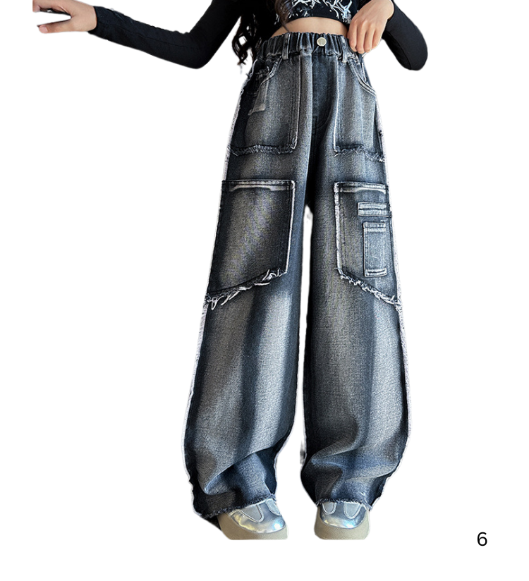 พร้อมส่ง กางเกงยีนส์เด็กหญิง คาร์โกด้ ฟอกสี