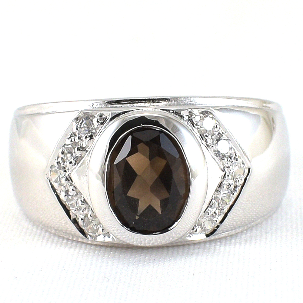 แหวนเงินแท้ราคาถูกชุบทองคำขาว พลอยแท้สโมกกี้ควอทซ์ 1.60 กะรัต เพชรCZ 0.30 กะรัต งานประณีตสวยงาม สั่งผลิตค่ะ