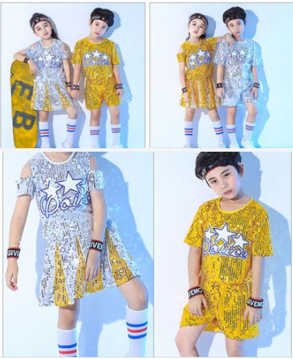 F ชุดเต้น ปักเลื่อม เซ็ตเสื้อ+กางเกง สีทอง+คาดผม