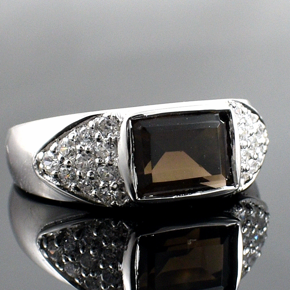 แหวนเงินแท้ราคาถูกชุบทองคำขาว พลอยแท้สโมกกี้ควอทซ์ 2.80 กะรัต เพชรCZ 0.50 กะรัต งานประณีตสวยงาม สั่งผลิตค่ะ