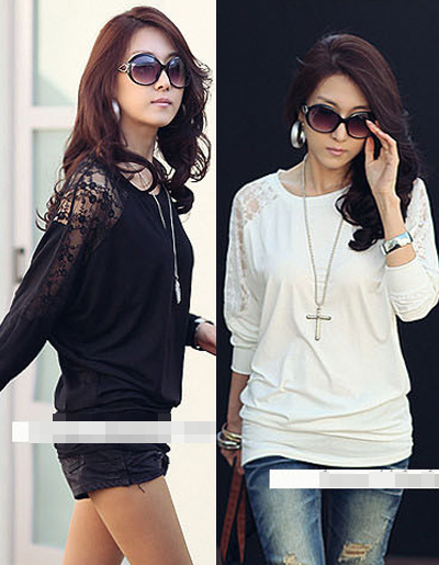 เสื้อยืดทรงค้างคาวแต่งแขนลูกไม้ลายดอก -1203- สีขาว