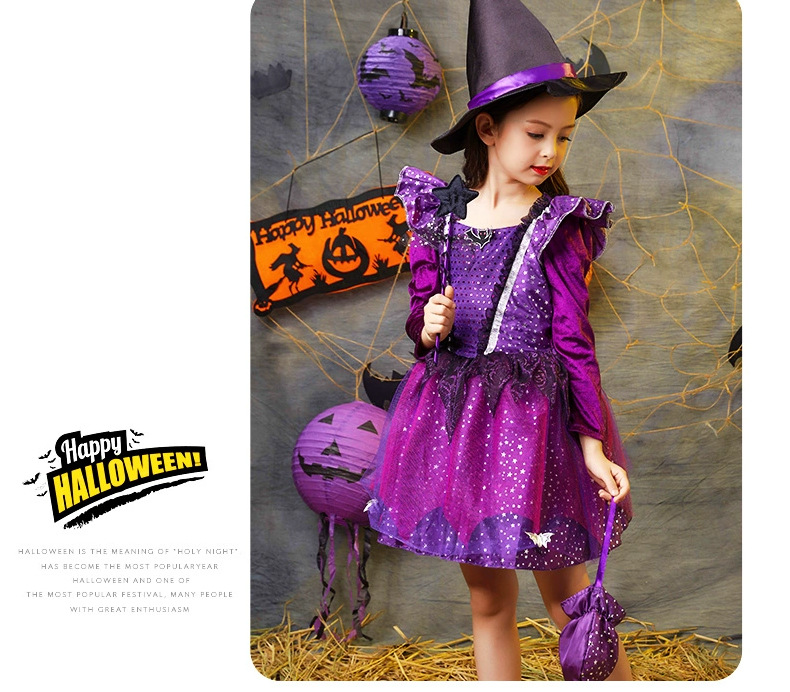 พร้อมส่ง ชุดฮาโลวีน เดรสแม่มด สีม่วง+ผ้าคลุม+หมวก ปลอกแขน