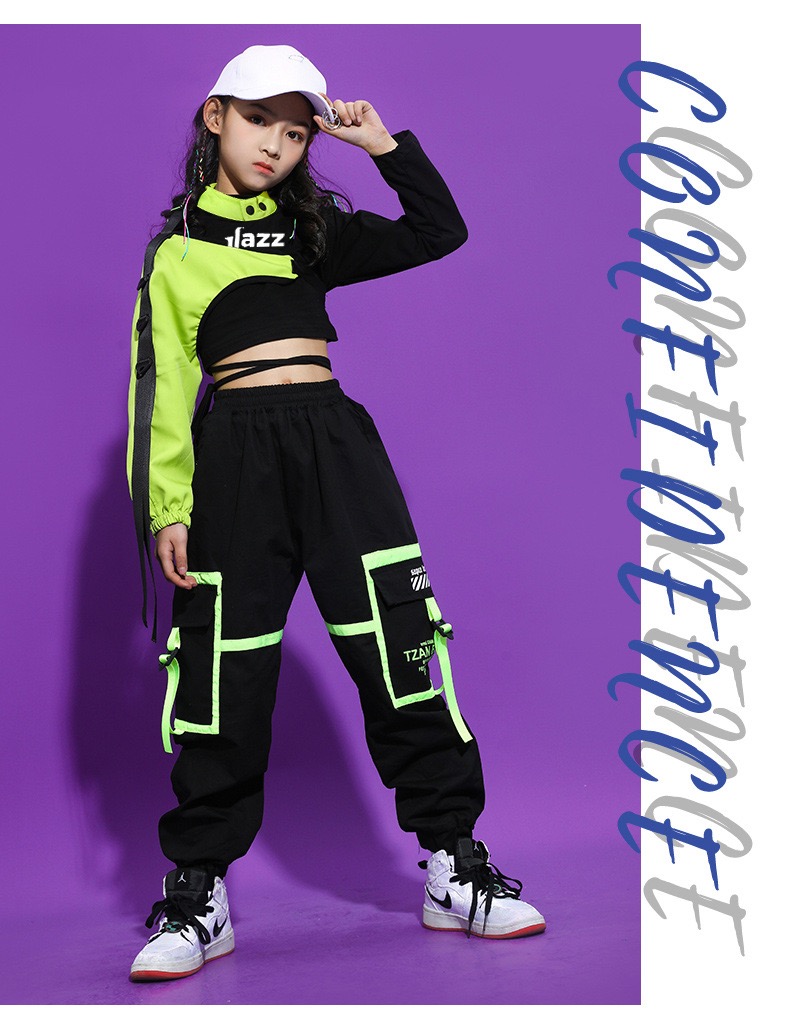 ชุดเต้น ชุดแดนซ์ ฮิปฮอป สีนีออน เสื้อสีดำ กางกงดำ