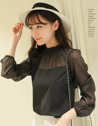 เสื้อแฟชั่นคอพับจีบ แขนยาวแขนซีทรู ใส่ทำงานสวยหรูสไตล์เกาหลี-1564-สีดำ