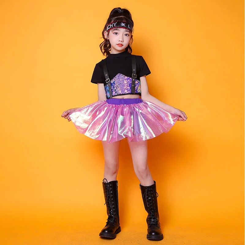 ชุดเต้น ฮิปฮอป เสื้อแขนสั้นสีดำ+กระโปรง วิ้ง