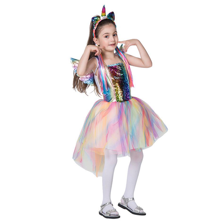 ชุดเดรส ยูนิคอนสีรุ้ง รวมที่คาดผมสีรุ้งและปีก