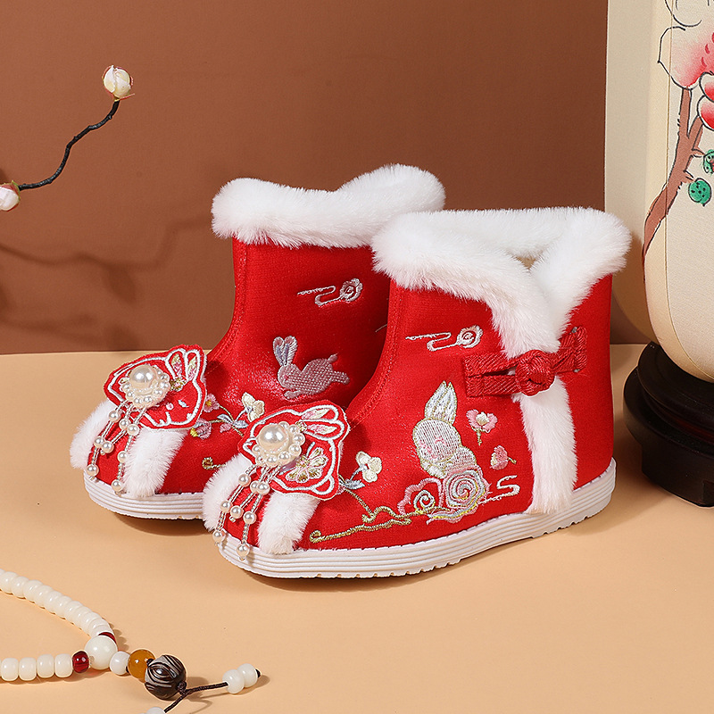 พร้อมส่ง รองเท้าบูทจีนเด็ก ปักลาย กระต่าย สีแดง