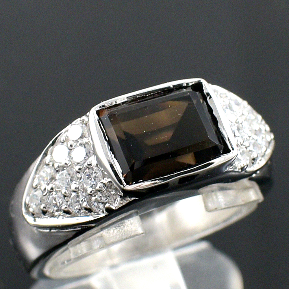 แหวนเงินแท้ราคาถูกชุบทองคำขาว พลอยแท้สโมกกี้ควอทซ์ 2.80 กะรัต เพชรCZ 0.50 กะรัต งานประณีตสวยงาม สั่งผลิตค่ะ