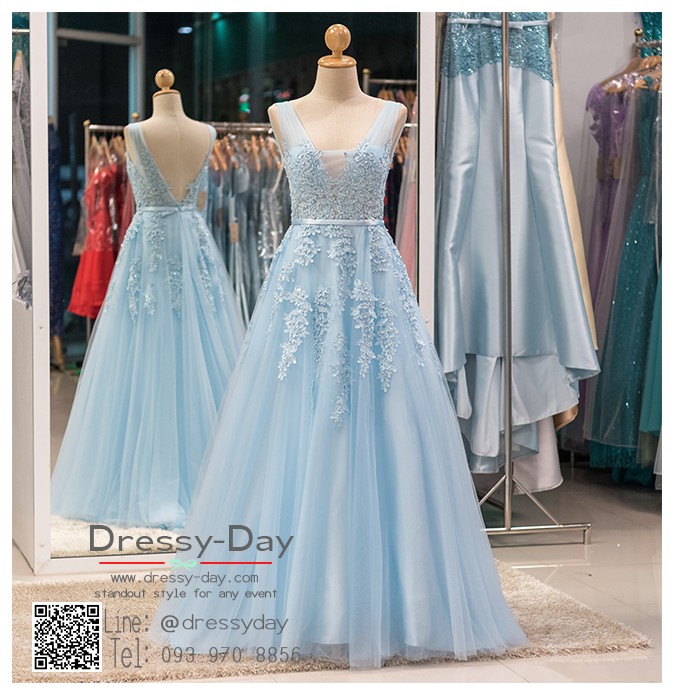 รหัส ชุดไปงานแต่ง :PF074 ชุดราตรียาวแขนกุดสีฟ้าตกแต่งมุขและเลื่อมอย่างสวยงาม ดูดีแบบเจ้าหญิง ใส่ไปงานแต่งงาน งานกาล่าดินเนอร์ งานเลี้ยง งานพรอม งานรับกระบี่