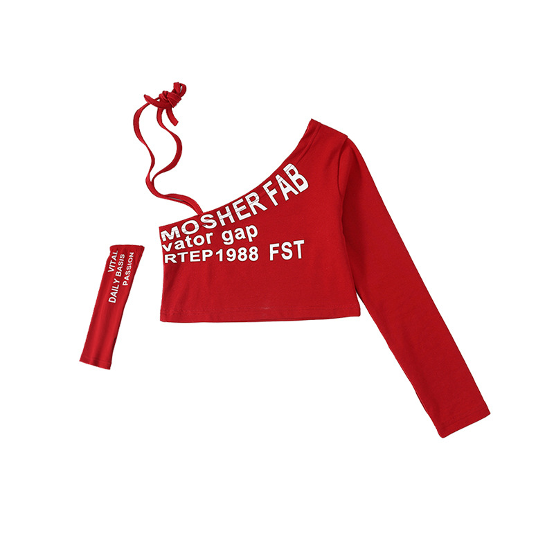 ชุดเต้น เซ็ตเสื้อปาดไหล่ พร้อมปลอกแขน โทนลายสก๊อต ดำแดง