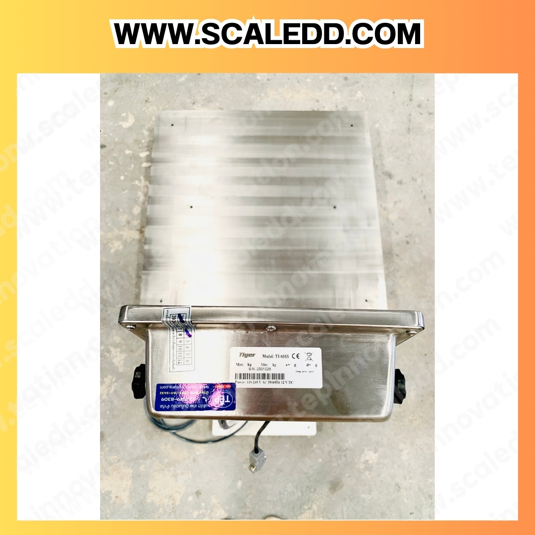 เครื่องชั่งแสตนเลส500กิโลกรัม เครื่องชั่งตั้งพื้นน้ำหนัก500กิโลกรัม ความละเอียด100กรัม ขนาดแท่น 1.2x1.2m. ยี่ห้อ TIGER รุ่น TI-03SS