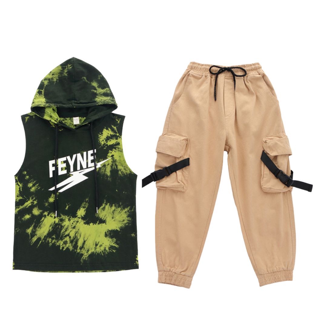 สินค้าพร้อมส่ง ****ชุดเต้น ชุดแดนซ์ เสื้อแขนกุดมีฮูด+กางเกงคาร์โก้ ขายาว