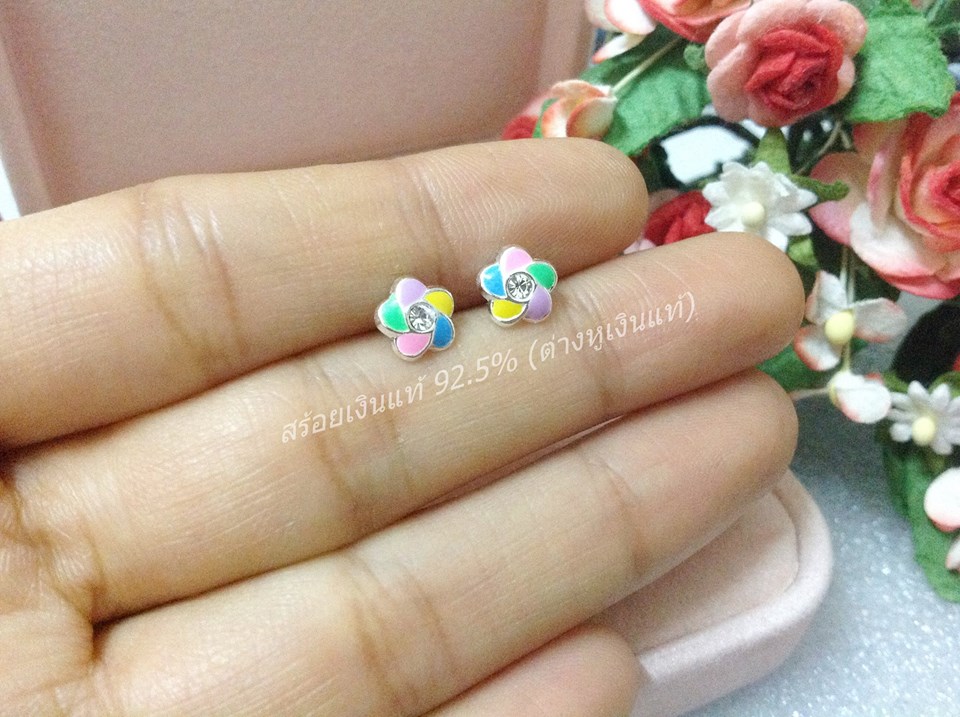 ต่างหูเงินแท้จิ๋ว ดอกไม้ Mix สี