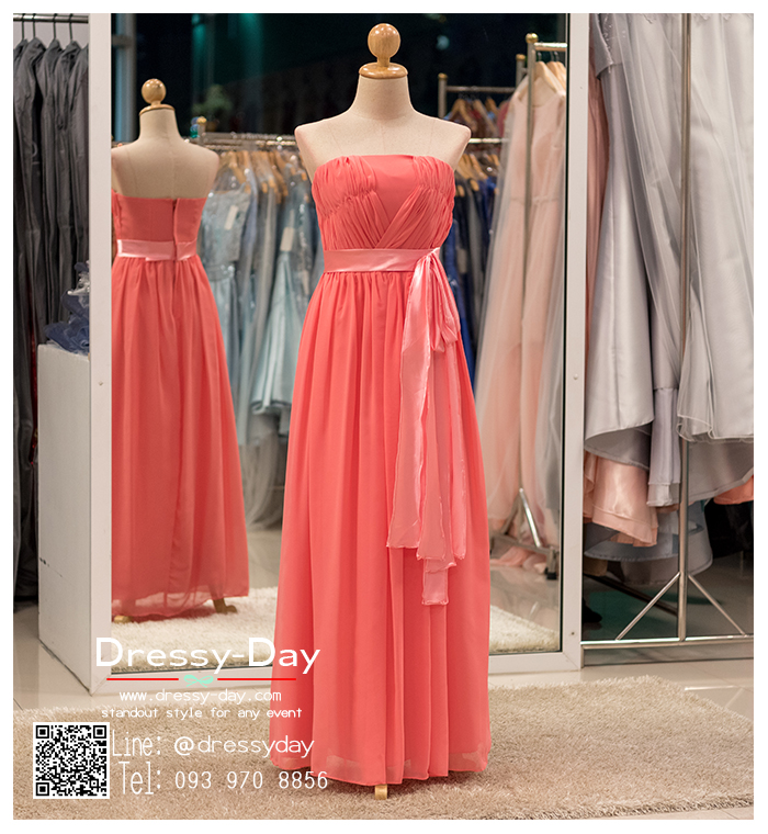 รหัส ชุดราตรียาว :bb025 ชุดราตรีเกาะอก สีชมพู ชุดไปงานแต่งประดับโบว์ช่วงเอว ชุดแซกผ้าชีฟอง เหมาะใส่ออกงานแต่งงาน งานกลางวัน กลางคืน