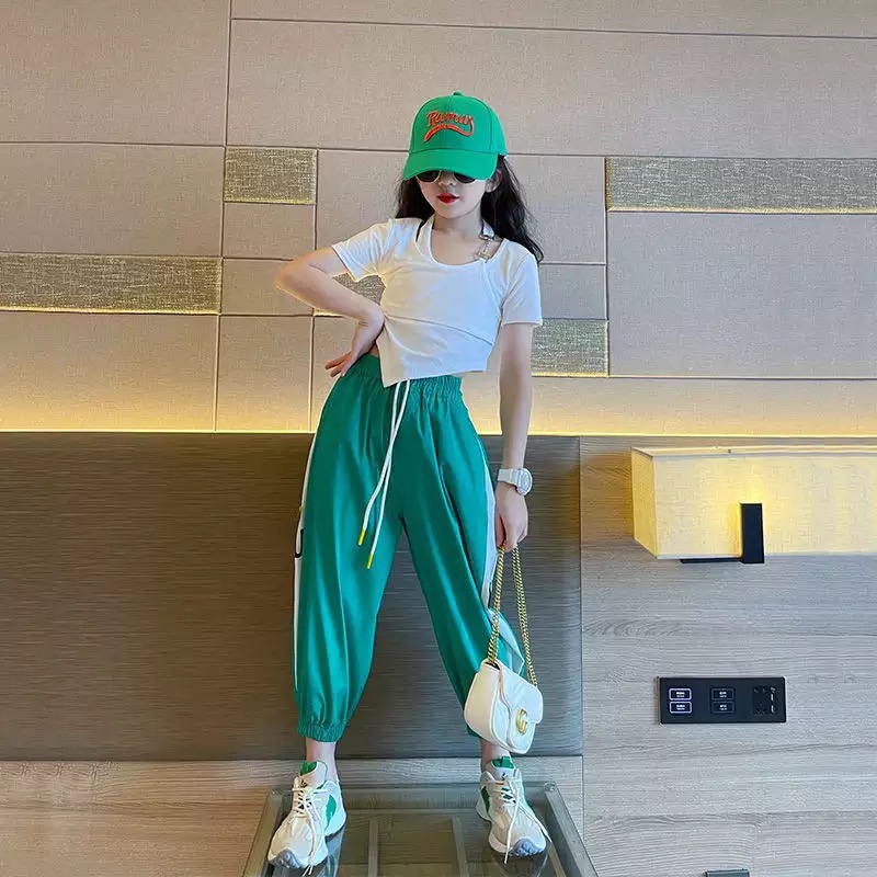 ชุดเต้น ชุดฮิปฮอป เซ็ตสีเสื้อแขนสั้น+กางเกงวอร์ม