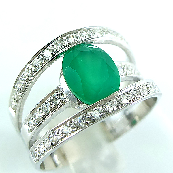 แหวนเงินแท้ราคาถูกชุบทองคำขาว พลอยแท้กรีนอะเกท 1.70 กะรัต เพชรCZ 0.57 กะรัต งานประณีตสวยงาม สั่งผลิตค่ะ