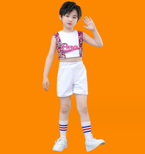 พร้อมส่ง ชุดเต้น ชุดฮิปฮอป เสื้อสีชมพู กระโปรงผ้าแก้วชมพูวิ้ง