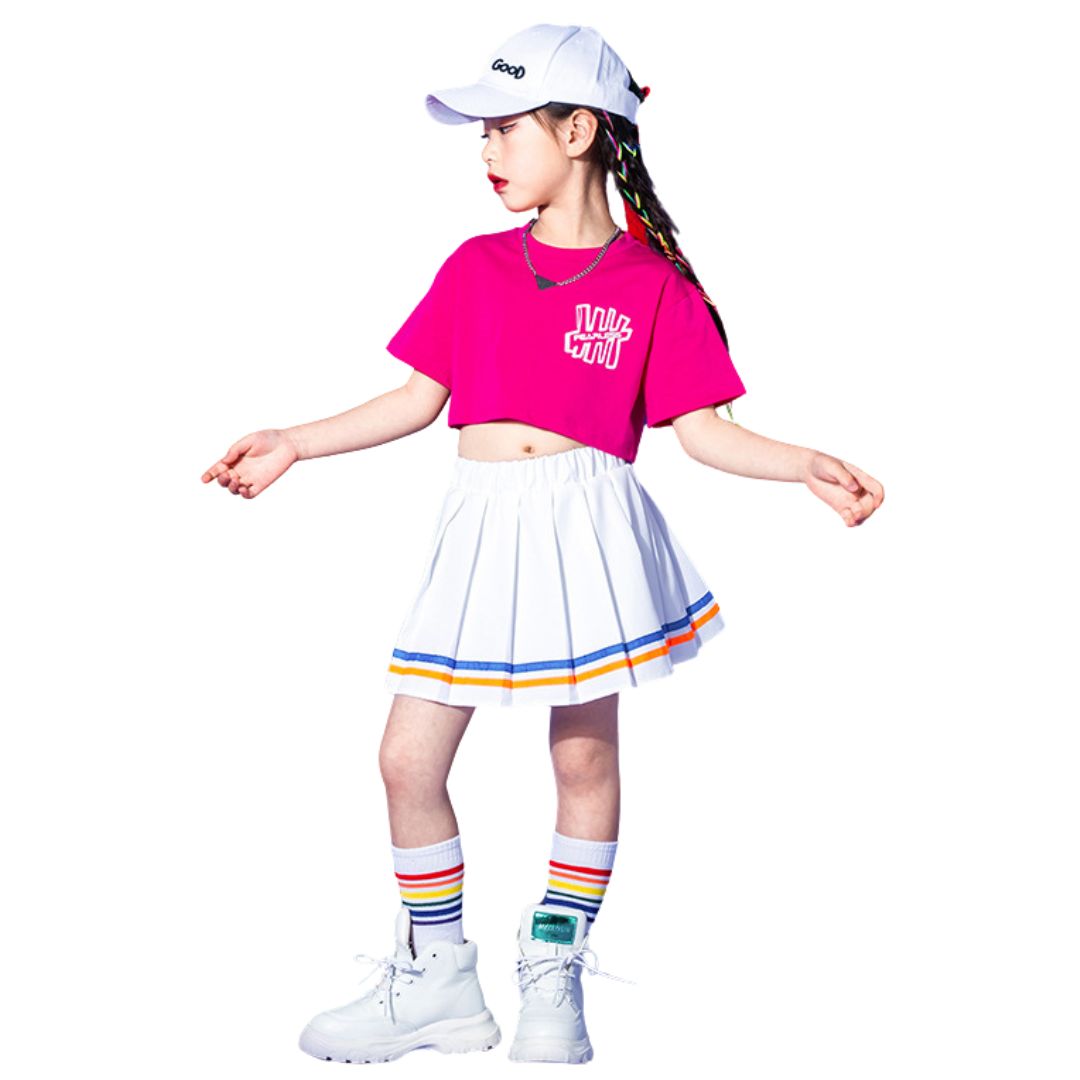 friendly4kid พร้อมส่ง ชุดเต้น ชุดแดนซ์ เสื้อสีขาว+กางเกงขายาว/กระโปรง สีชมพู