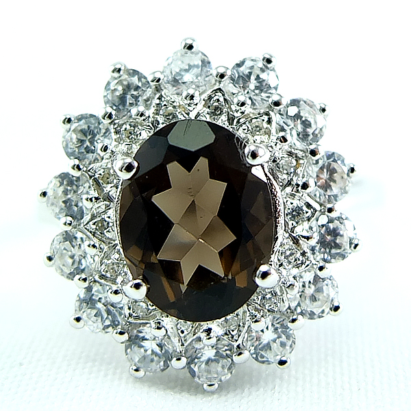 แหวนเงินแท้ราคาถูกชุบทองคำขาว พลอยแท้สโมกกี้ควอทซ์ 1.70 กะรัต งานประณีตสวยงาม สั่งผลิตค่ะ