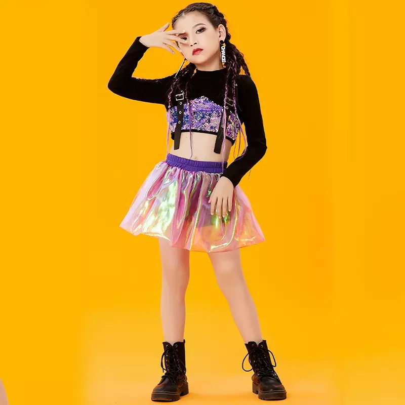 ชุดเต้น ชุดฮิปฮอป เซ็ตสีเสื้อแขนยาวสีขาวปักเลื่อม+กระโปรง สีชมพู