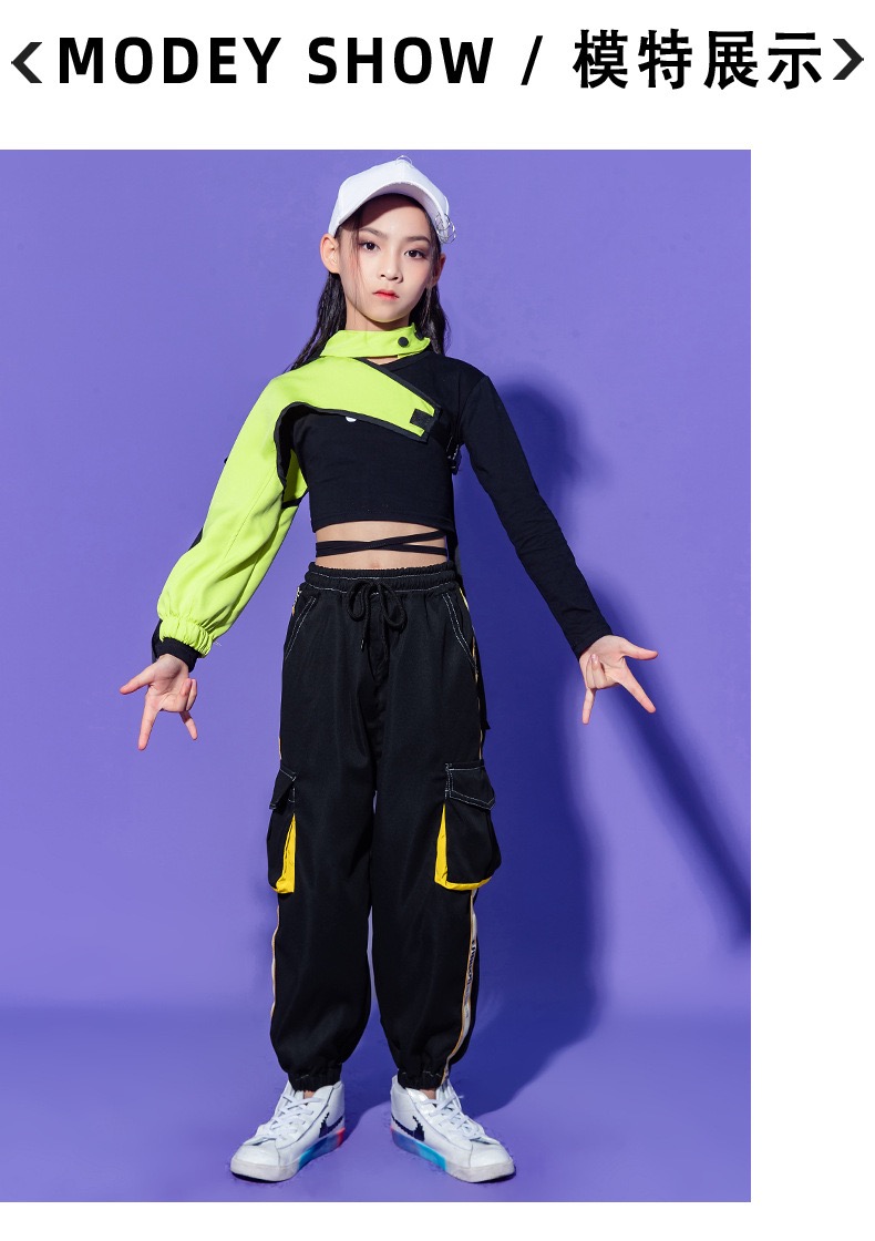 ชุดเต้น ชุดแดนซ์ ฮิปฮอป สีนีออน เสื้อสีดำ กางกงดำ