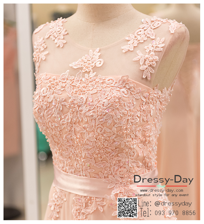 รหัส ชุดราตรี : BB002 ชุดราตรียาวผ้าชีฟองหรู เดรสออกงานประดับลูกไม้และกริตเตอร์ ชุดไปงานแต่งซีทรูช่วงหน้าอก ชุดแซก ชุดเพื่อนเจ้าสาว สีชมพู