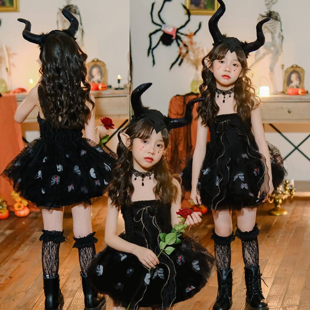 friendly4kid พร้อมส่ง ชุดฮาโลวีน ชุดเดรสหนัง แม่มด ปีศาจ สีดำ