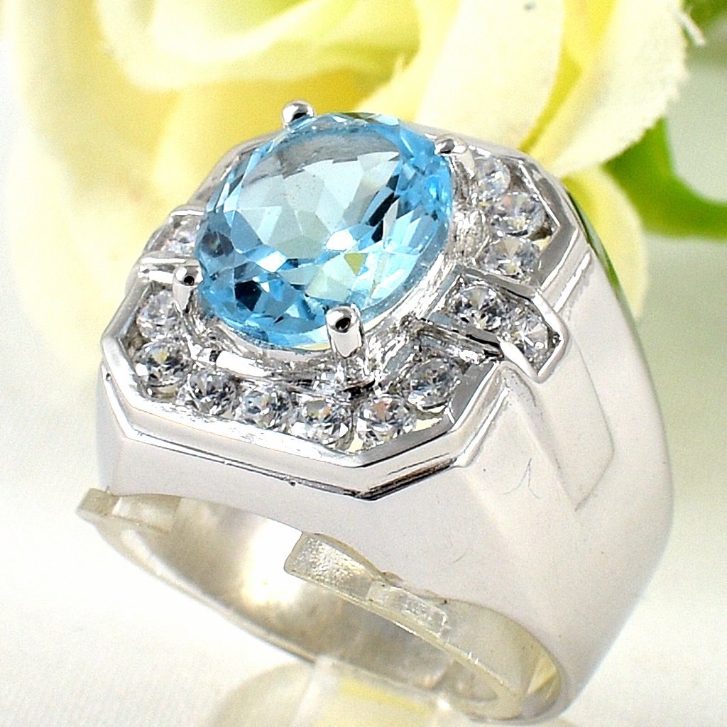 แหวนเงินแท้ราคาถูกชุบทองคำขาว สวิสบลูโทปาซแท้ 4.50 กะรัต เพชรCZ 0.72 กะรัต งานประณีตสวยงาม สั่งผลิตค่ะ