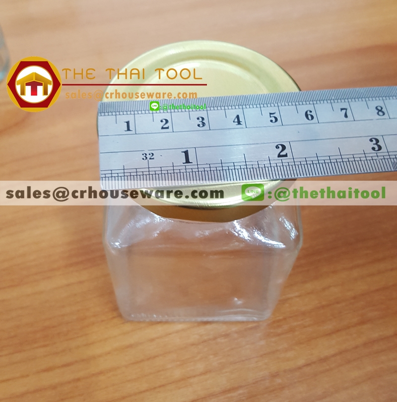 ขวดโหลทรงสี่เหลี่ยม ฝาทอง 170 ml. รหัส : 005-J892 Glass bottle Square shape with lid 170 ml. Code : 005-J892,ขวดแยมทรงสี่เหลี่ยม