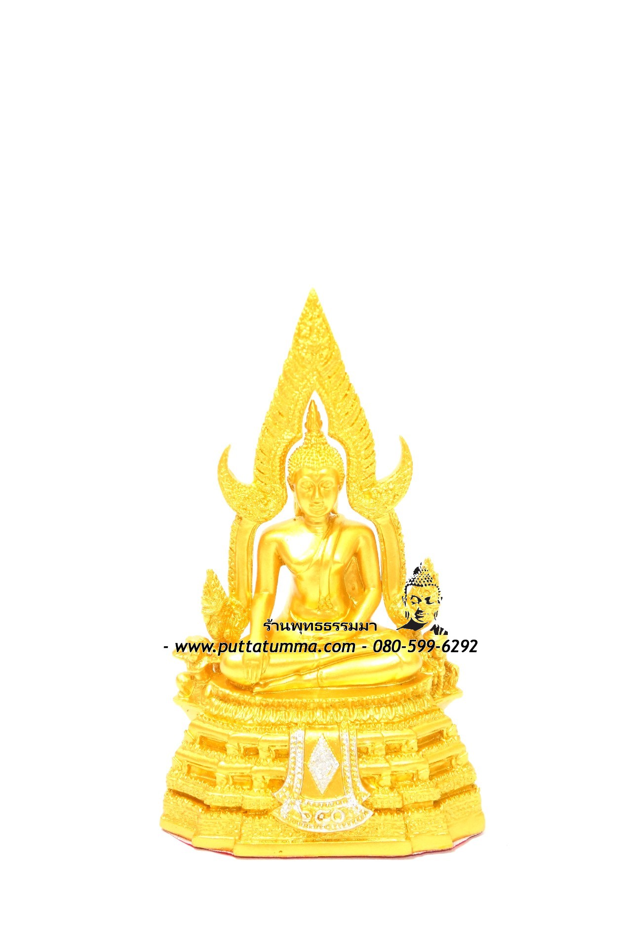 พระพุทธรูปปางมารวิชัย ซุ้มแก้ว ( พระพุทธชินราช ) สีทอง เนื้อเรซิ่น หน้าตัก 3 นิ้ว สูง 8 นิ้ว