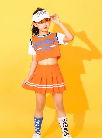 พร้อมส่ง ชุดเต้น ชุดเชียร์เด็ก เซ็ตสีส้ม ลายสก๊อต สีส้ม ชุดกีฬา สปอร์ต