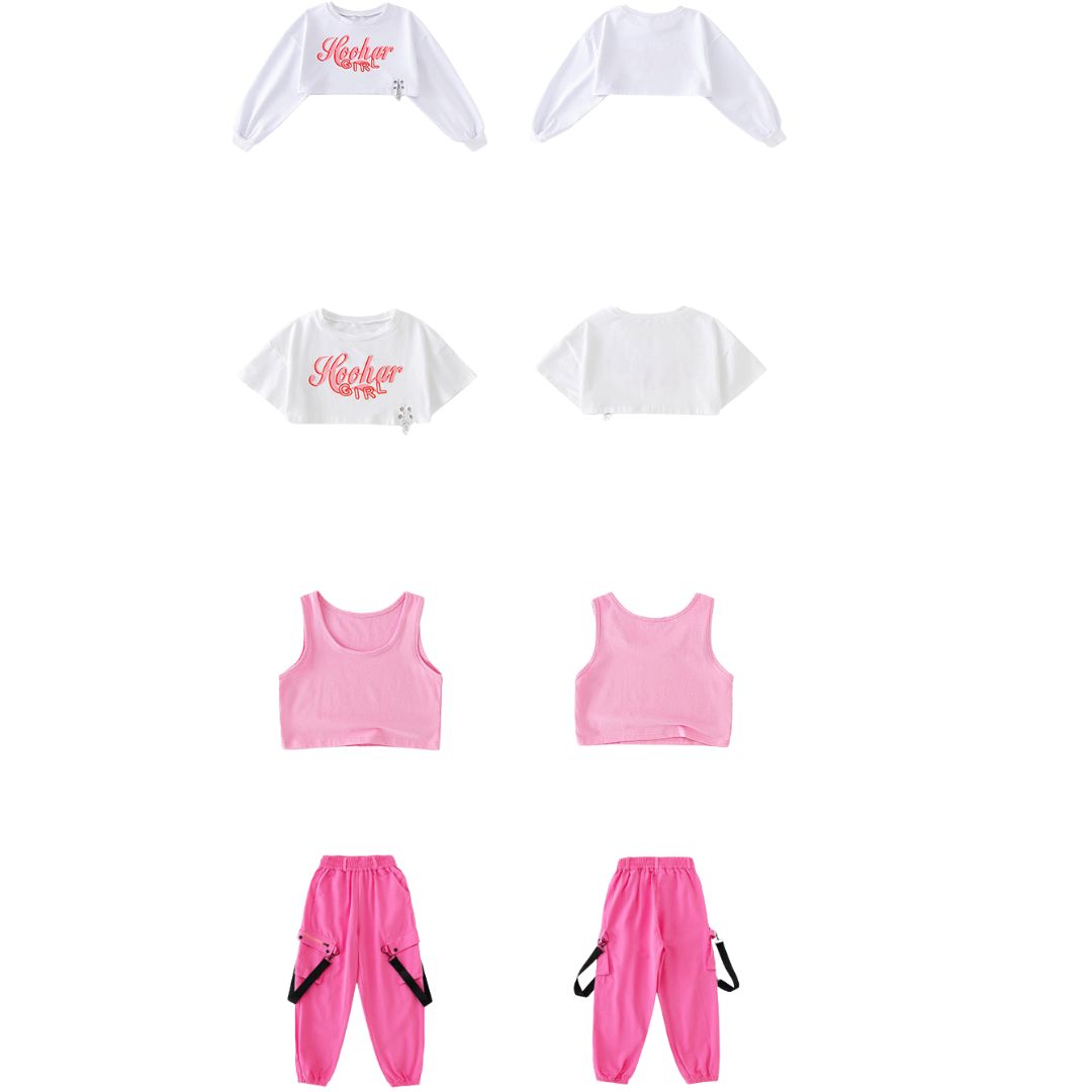 พร้อมส่ง ชุดเต้น ชุดแดนซ์ เสื้อสีขาว+กางเกงขายาว/กระโปรง สีชมพู