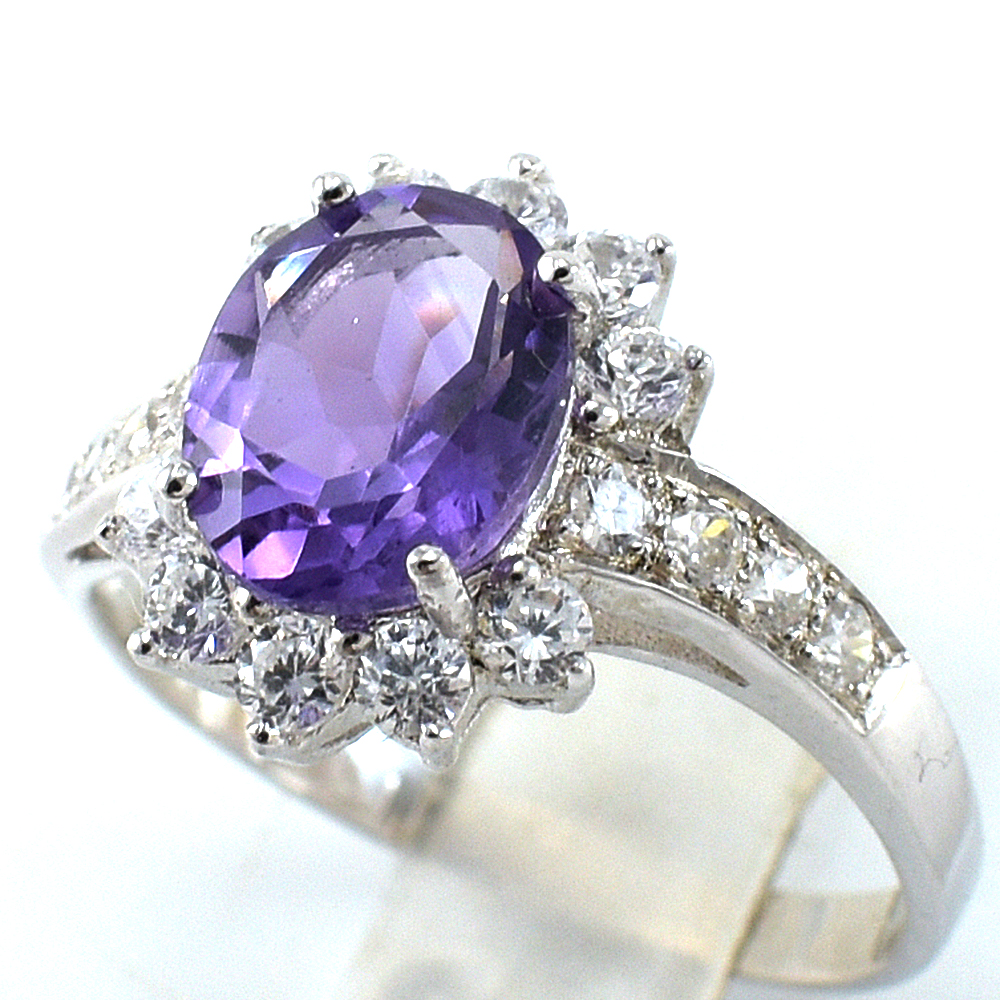 แหวนเงินแท้ราคาถูกชุบทองคำขาว แอมิทิสต์แท้ 2.25 กะรัต งานประณีตสวยงาม สั่งผลิตค่ะ